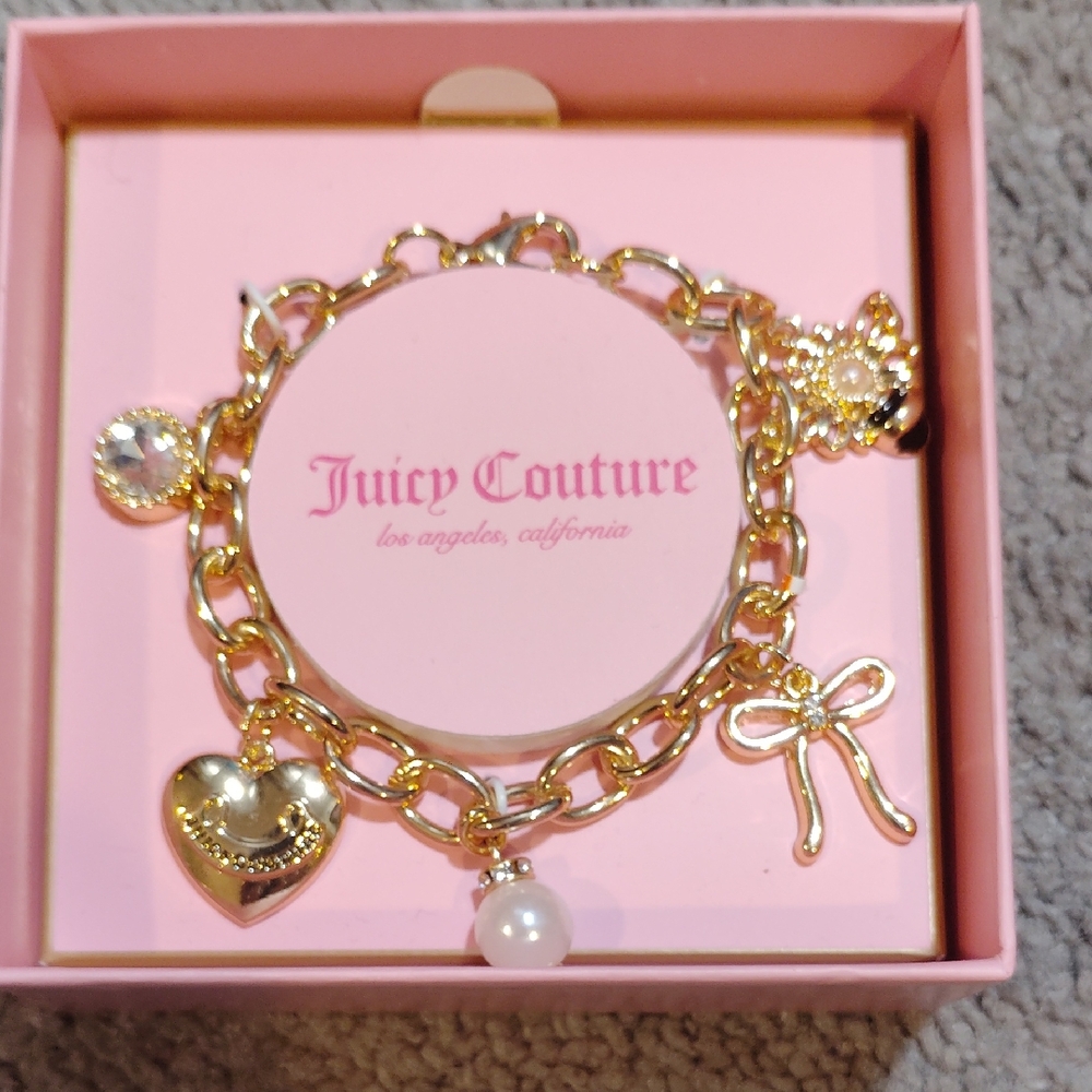 Juicy Couture Gold Bracelet with Heart and Bow Charms